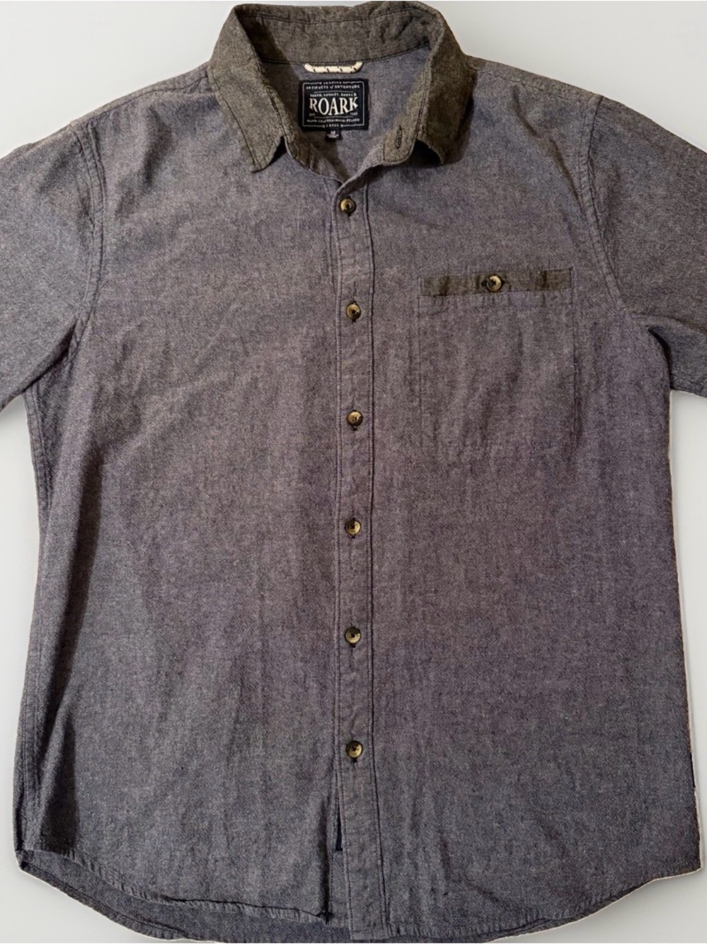 Roark Shirt Mens M Revival Chambray Short Sleeve Button Up Charcoal Black cotton
